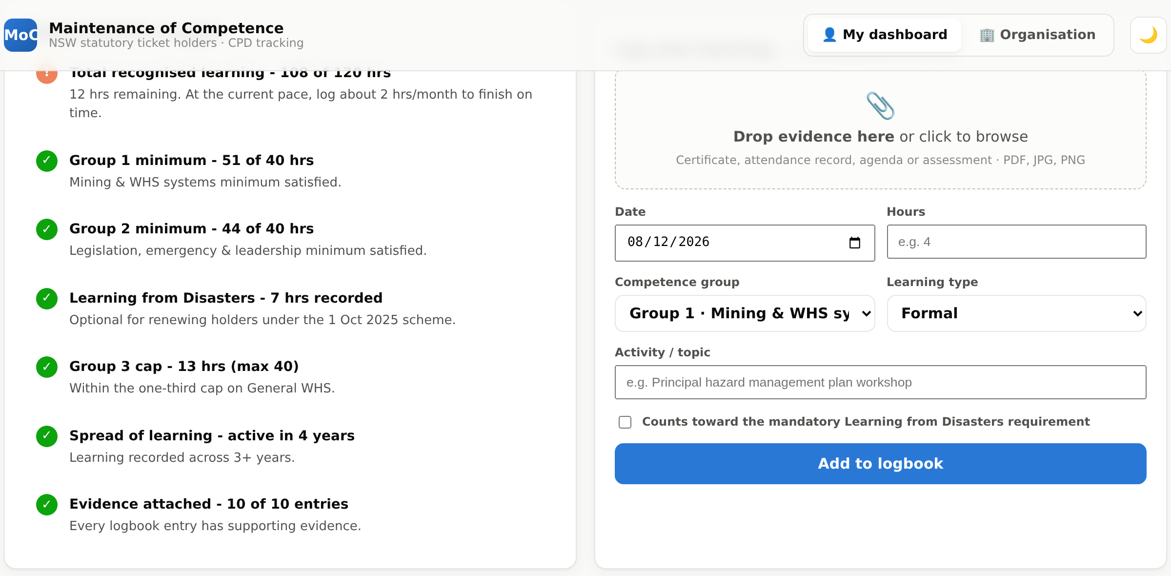 Requirements and gaps checklist alongside the log-new-learning form with evidence upload.